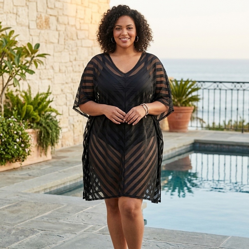 Siren Lily Kaftan Cover Up‎ Women Black Sheer Mesh Striped Chevron 3X